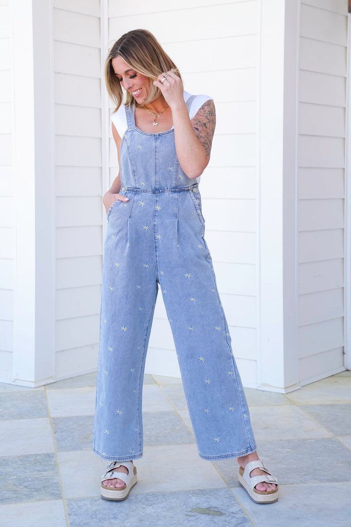 Plus/Reg Denim Overalls with Daisy Embroidered Detail