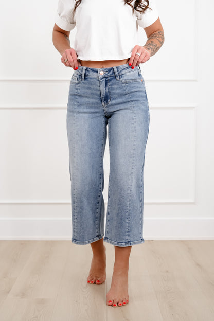 Judy Blue The Carolina Mid Rise Light Wash Crop Wide Leg Jeans with Center Seam