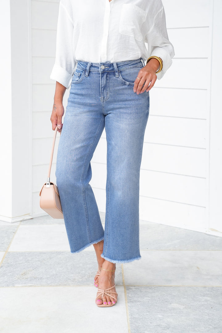Lovervet High Rise Medium Wash Cropped Slim Wide Leg Jeans