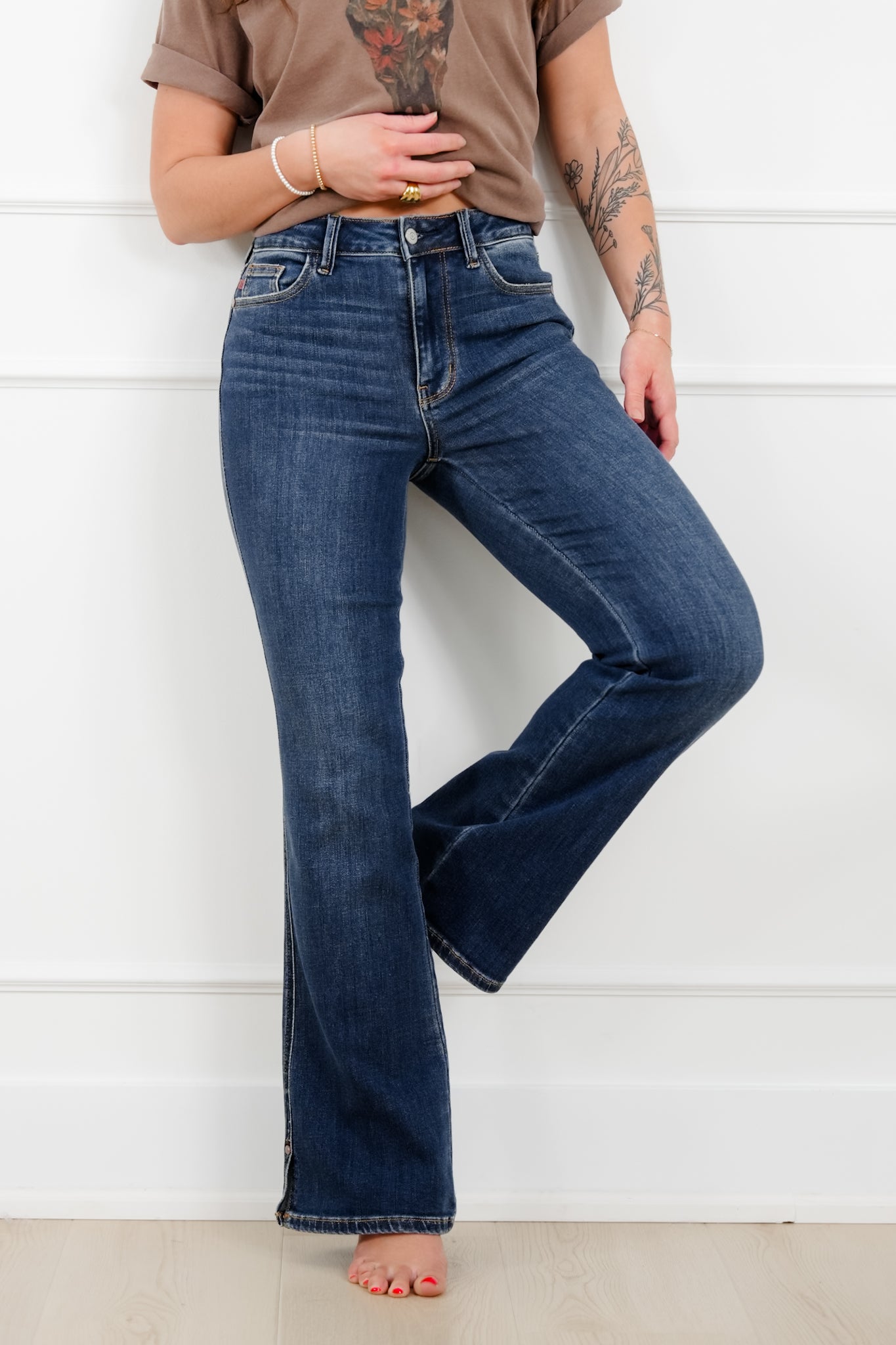 Judy Blue Mid Rise Dark Wash Bootcut Jeans with Slit and Cell Phone Pocket