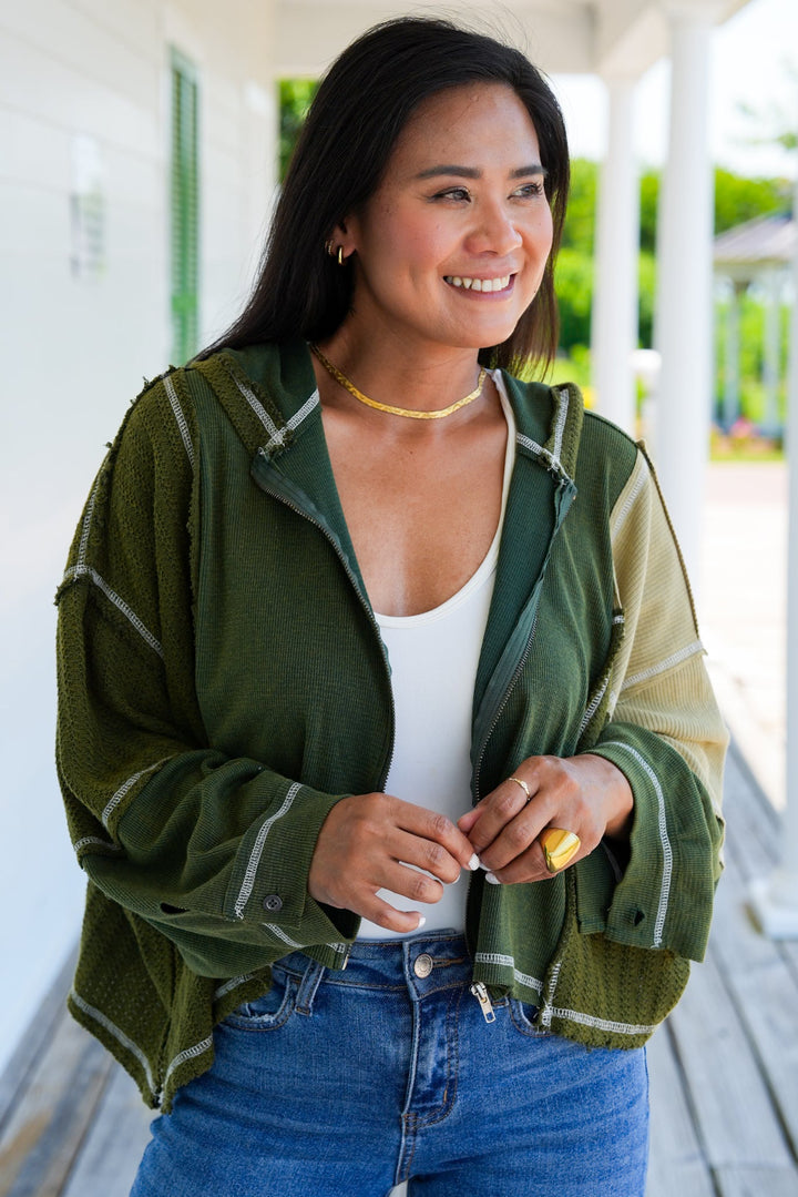 POL Long Sleeve Zip Up Hoodie with Reverse Seam Detail