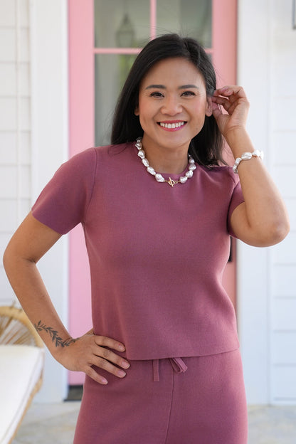 Ribbed Short Sleeve Round Neck with Elastic Waistband Pant Set