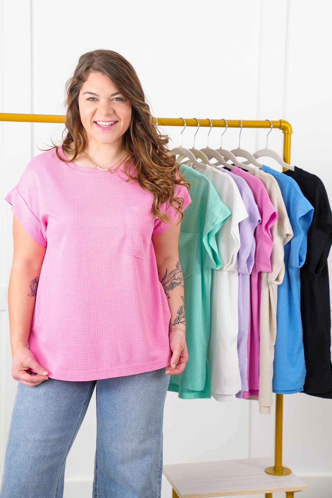 Door Buster! Plus/Reg Waffle Knit Short Dolman Sleeve Round Neck Top