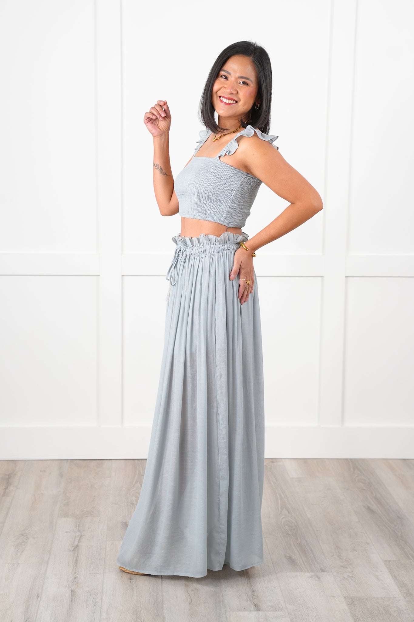 Sleeveless Smocked Crop Top with Flowy Elastic Waistband Maxi Skirt Set