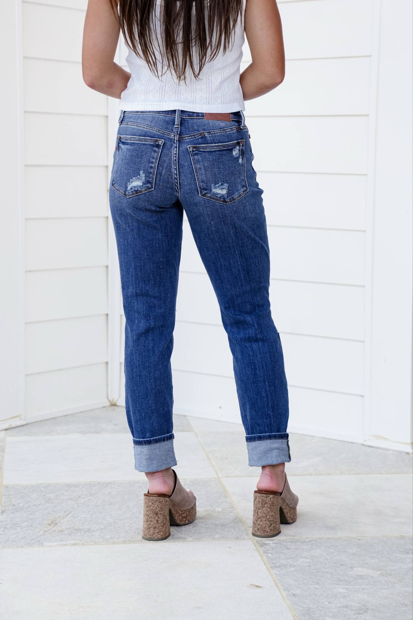 Judy Blue Mid Rise Dark Wash Distressed Boyfriend Jeans with Selvedge Like Detailed Cuff