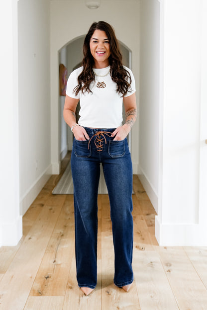 Risen High Rise Dark Wash Wide Leg Jeans with Front Tie