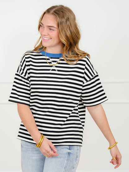 Plus/Reg Black Stripe Short Sleeve Knit Top