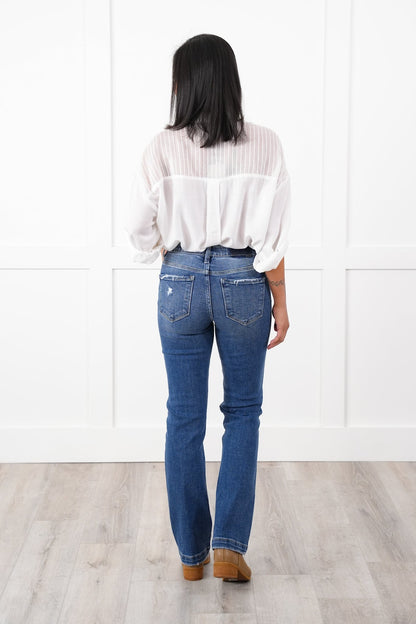 Risen Mid Rise Medium Wash Tummy Control Elastic Waistband Straight Leg Jeans