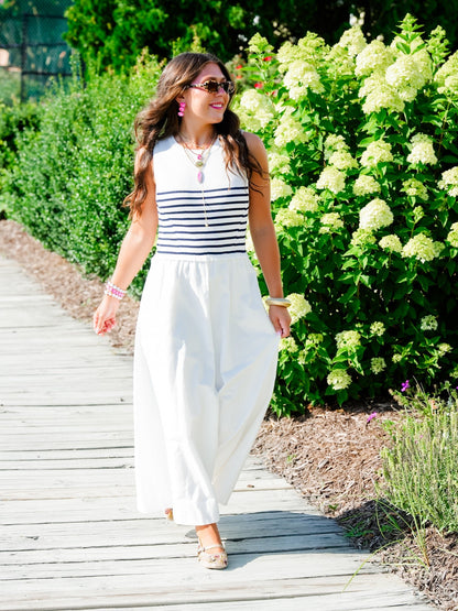Sleeveless Stripe Knit Bodice with Woven Skirt Maxi Dress - Freckled Poppy