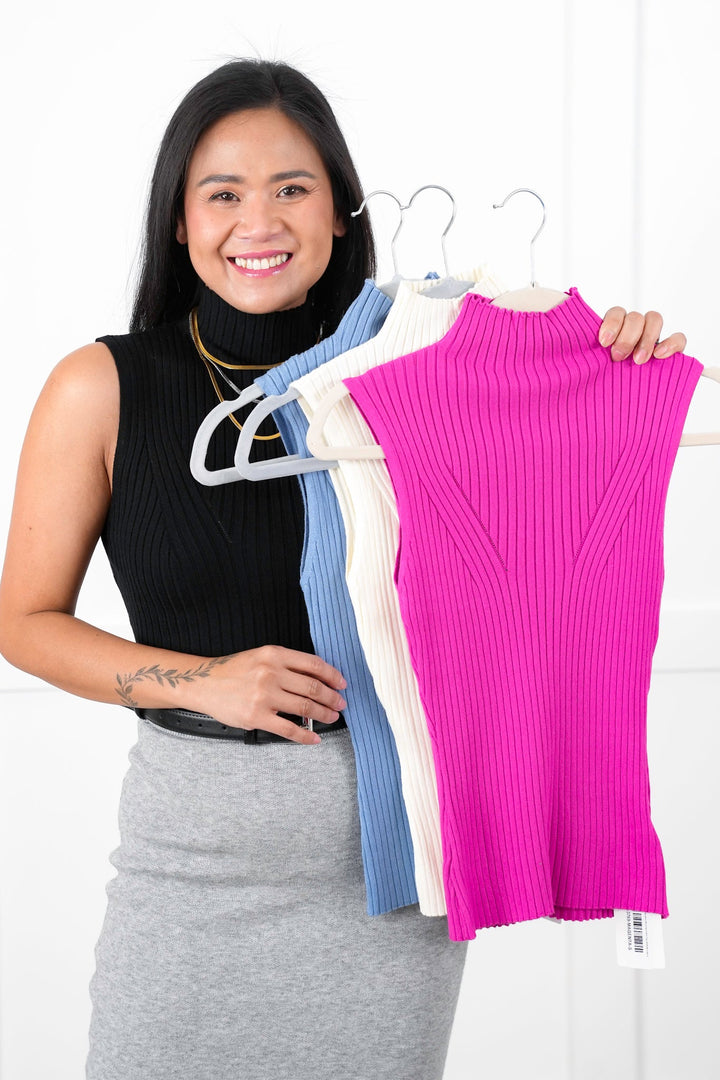 Ribbed Sleeveless Mock Neck Knit Top