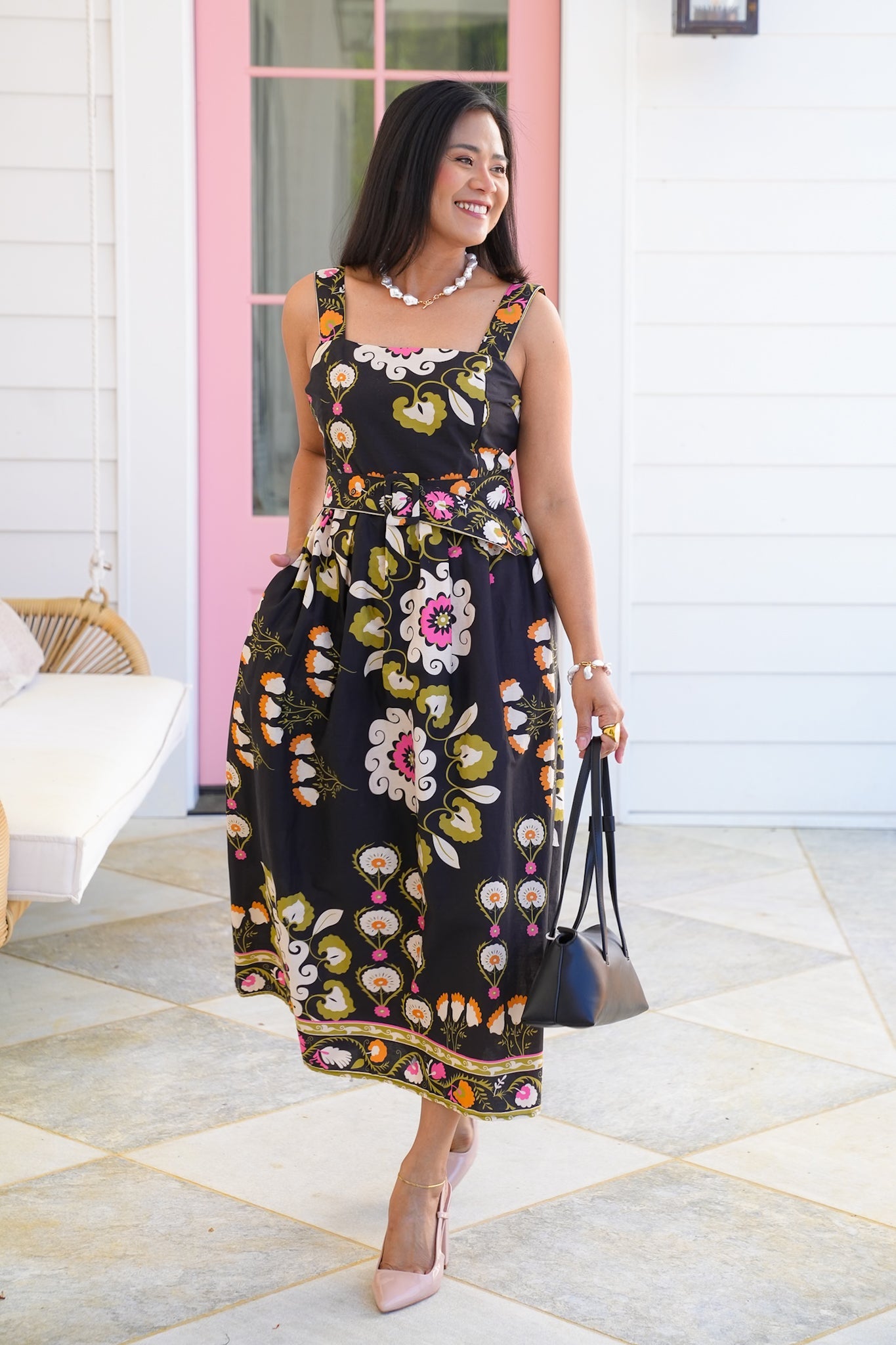 Floral Print Sleeveless Midi Dress With Waist Belt