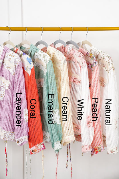 POL Crochet Long Sleeve Button Down Hooded Jacket with Floral Detail