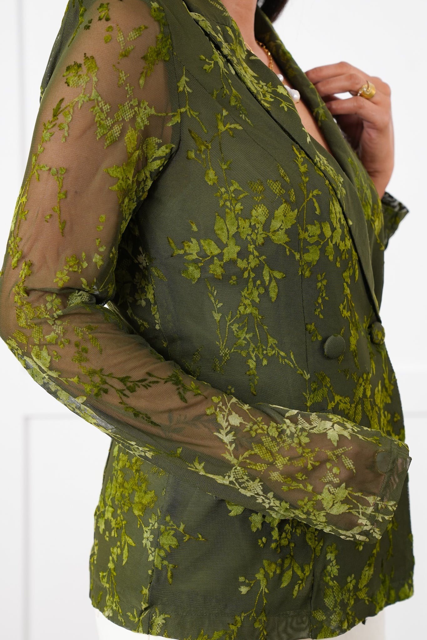Olive Floral Mesh Velvet Long Sleeve Double Breasted Blazer