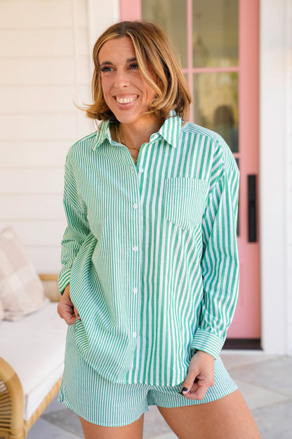 Restock! Stripe Long Sleeve Button Down Shirt and Shorts Set