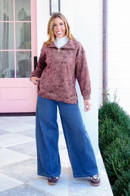 Plus/Reg Rosewood Print Long Sleeve 1/4 Zip Pullover Top