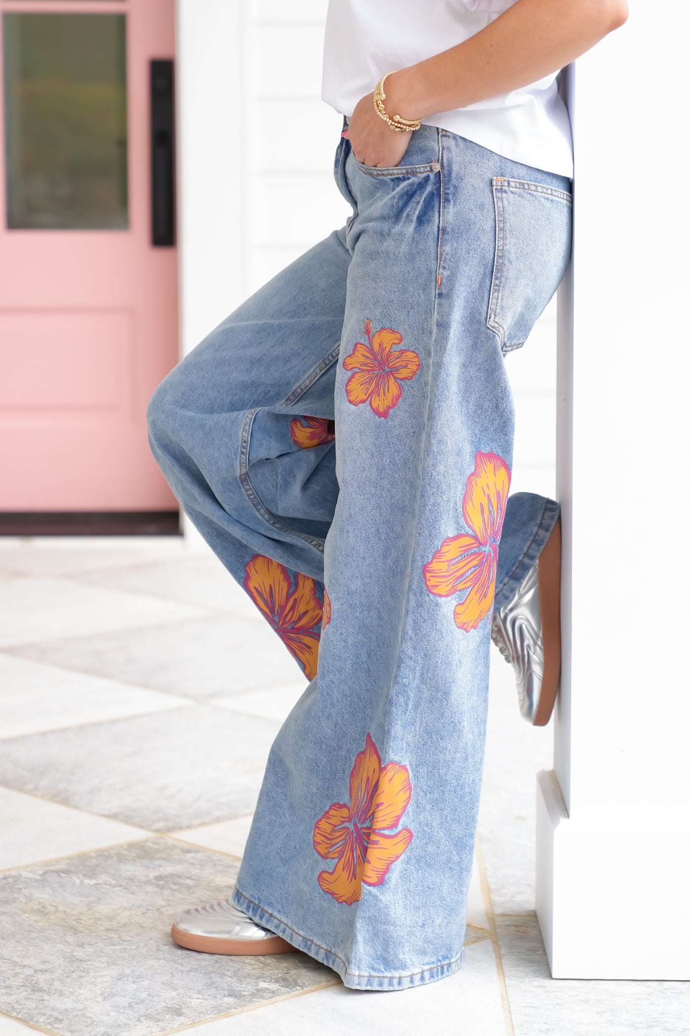 Multi-Inseam Hibiscus Print High Waist Wide Leg Denim Jeans