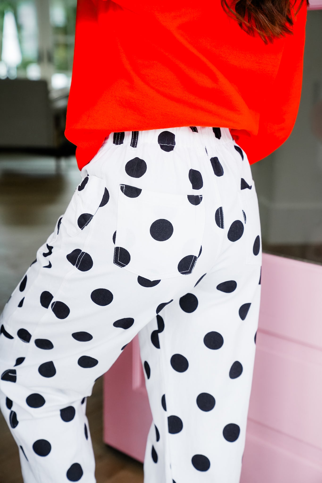 Plus/Reg Polka Dot Denim Barrel Jeans