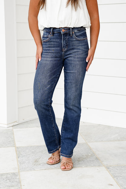 Risen The One and Only High Rise Dark Wash Tummy Control Ankle Straight Leg Jeans with Adjustable Waistband