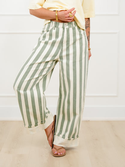 Stripe High Waist Cuffed Leg Barrel Pants