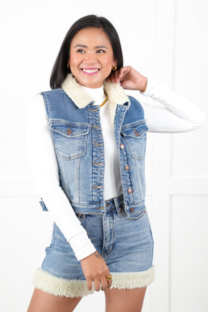Judy Blue Medium Wash Tummy Control Shearling Cuff Shorts