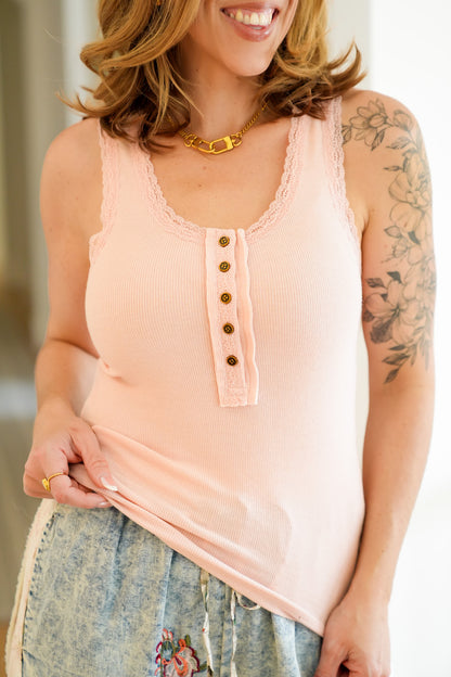 POL Ribbed Sleeveless Tank Top with Lace Trim