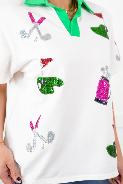 White Short Sleeve V Neck Polo Top with Sequin Golf Detail