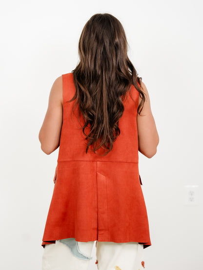 Vegan Suede Button Down Long Vest