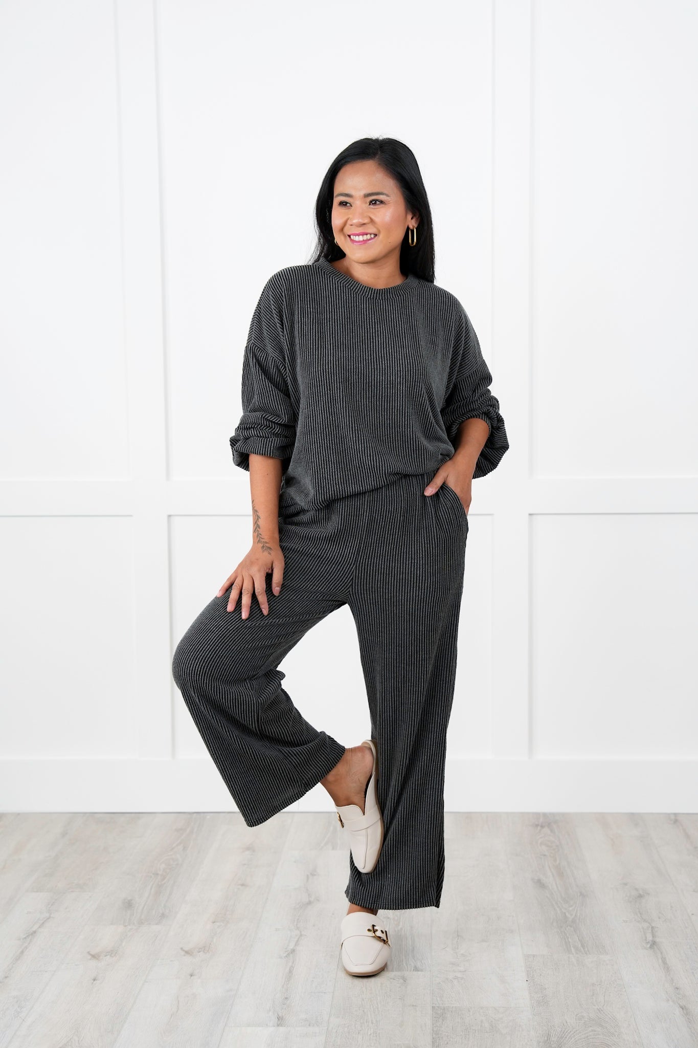 Ribbed Long Sleeve Round Top With Elastic Waistband Lounge Pant Set (Multiple Colors)