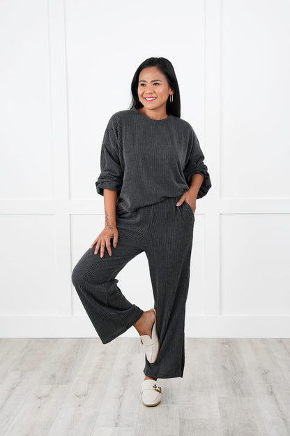 Ribbed Long Sleeve Round Top With Elastic Waistband Lounge Pant Set (Multiple Colors)