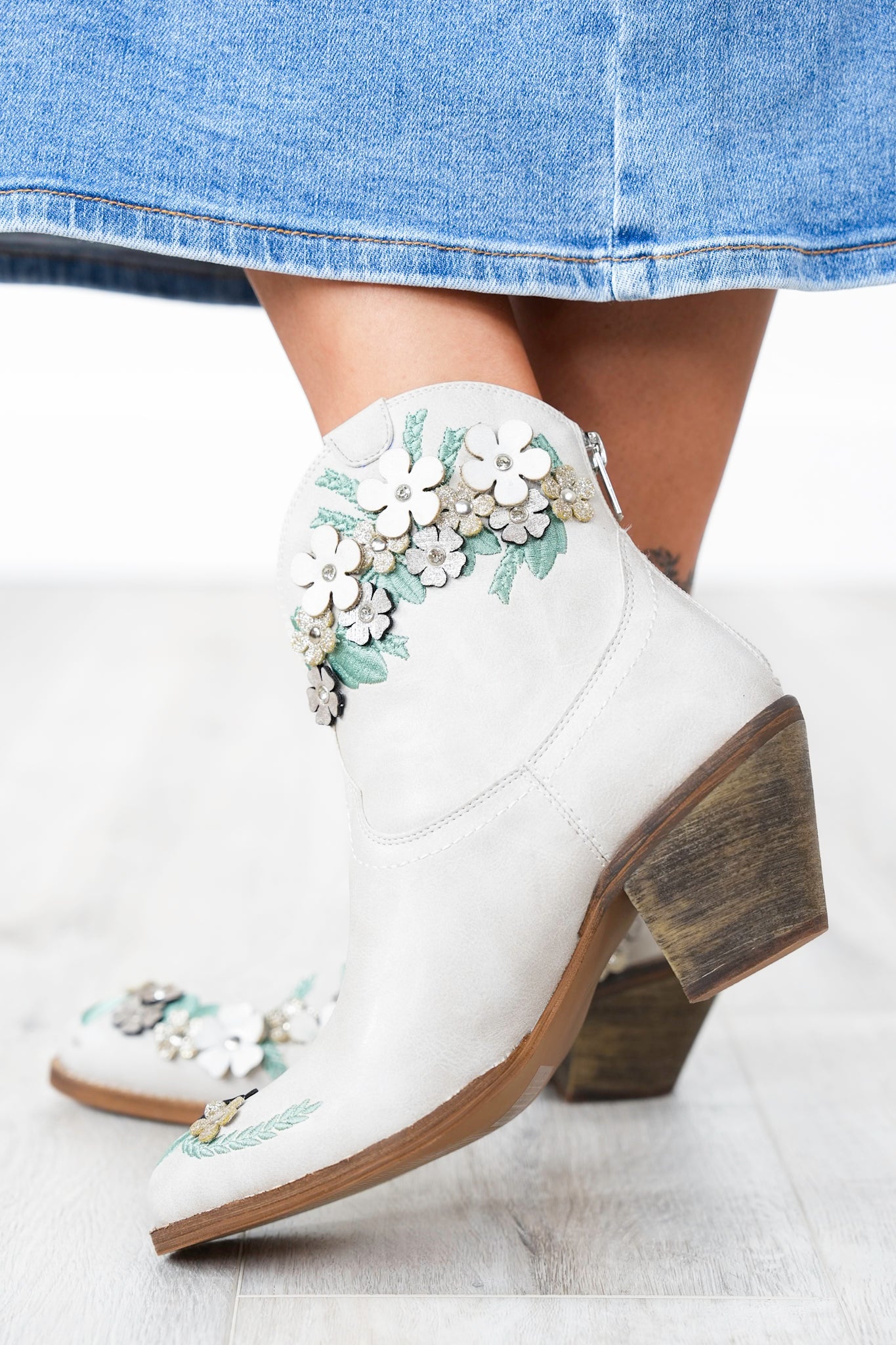Western Ankle Bootie with Floral Details