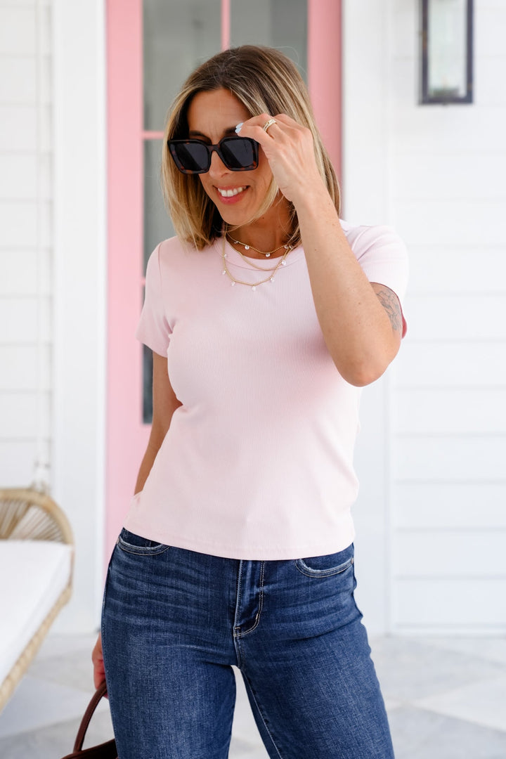 Pink Short Sleeve Round Neck Ribbed Knit Top