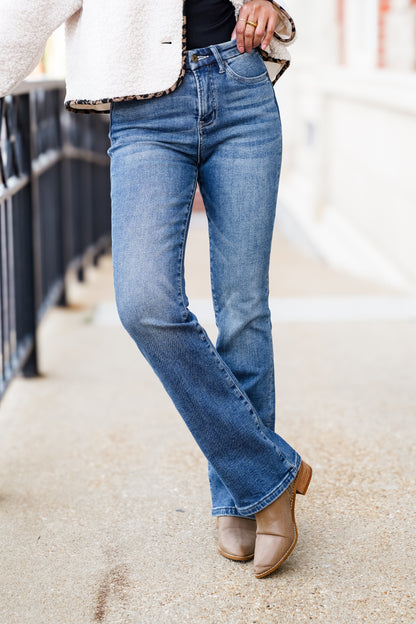 Mica High Rise Medium Wash Bootcut Jeans with Light Fleece
