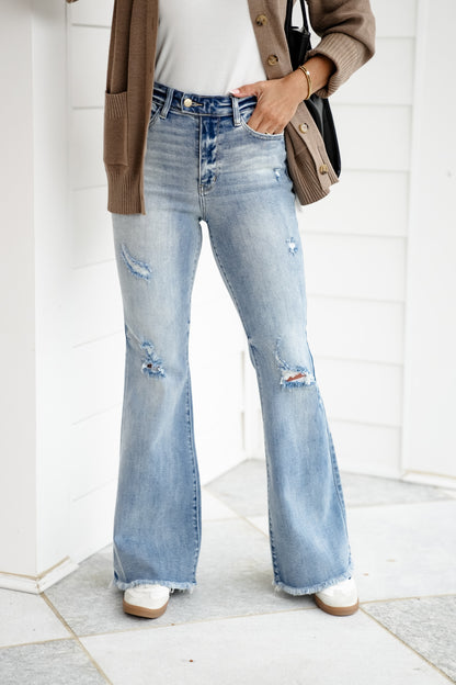 Judy Blue High Rise Light Wash Distressed Flare Jeans with Shield Pockets
