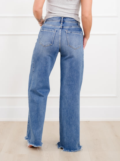 Risen High Rise Medium Wash Wide Leg Jeans