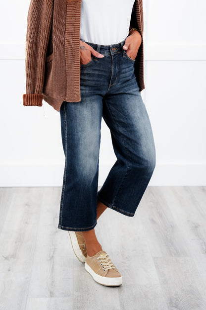 Judy Blue The Juliette Mid Rise Dark Wash Tummy Control Cropped Wide Leg Jeans