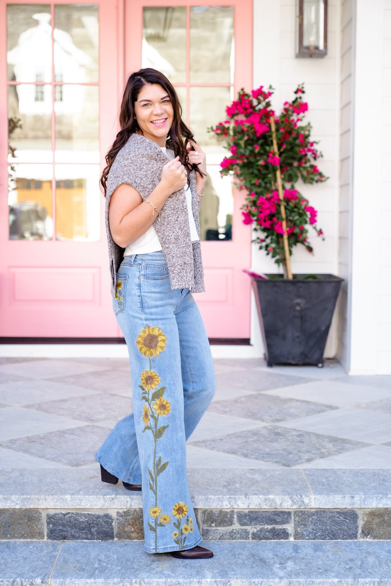 Light Wash Embroidered Sunflower Denim Jeans