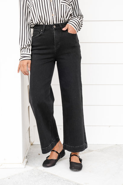 Risen High Rise Black Wide Leg Ankle Jeans