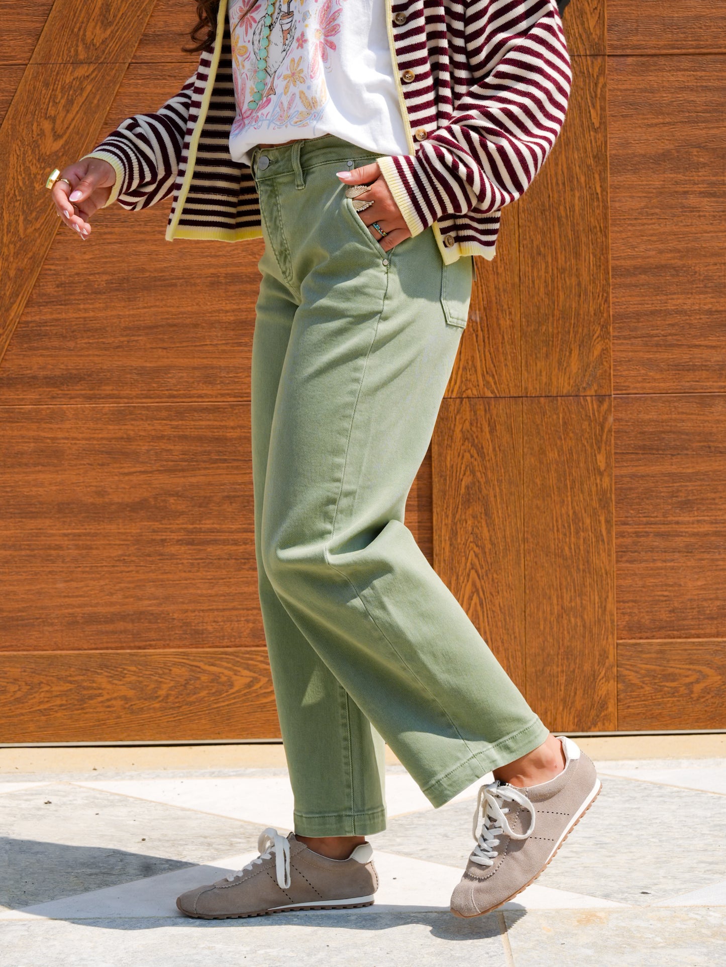Risen Mid Rise Olive Tummy Control Barrel Jeans - Freckled Poppy