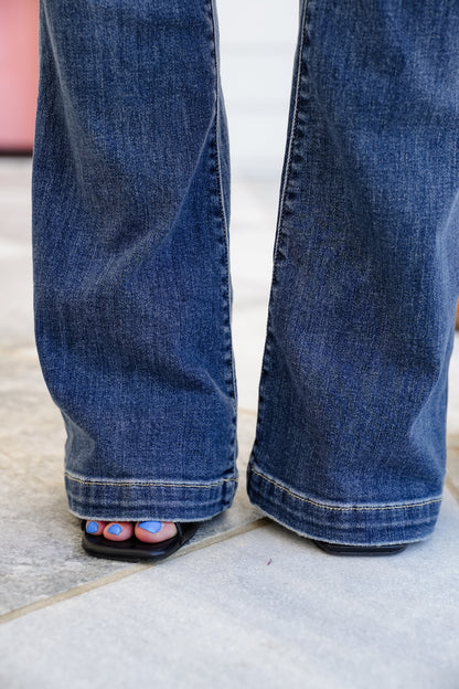 Restock! Judy Blue Date Night Dark Wash Button Fly Distressed Trouser Flare Jeans