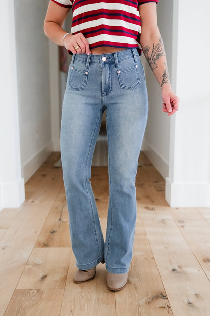 Judy Blue Mid Rise Medium Wash Bootcut Jeans with Front Patch Pockets