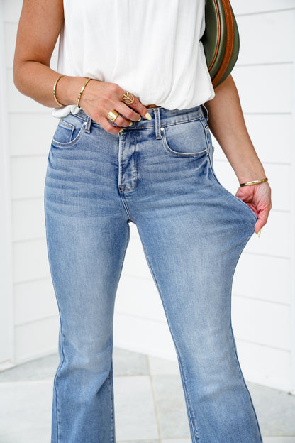 Risen High Rise Medium Wash Tummy Control Elastic Waistband Flare Jeans