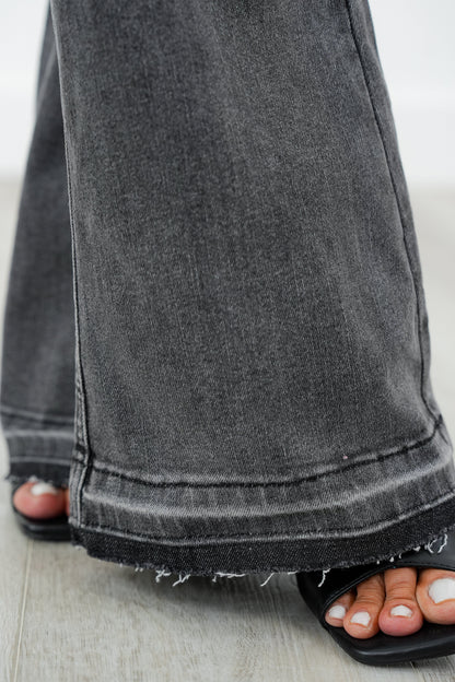 Judy Blue  The Luna Mid Rise Washed Gray Tummy Control Release Hem Flare Jeans