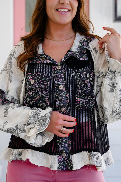 POL Floral and Crochet Long Sleeve Button Down Hooded Jacket
