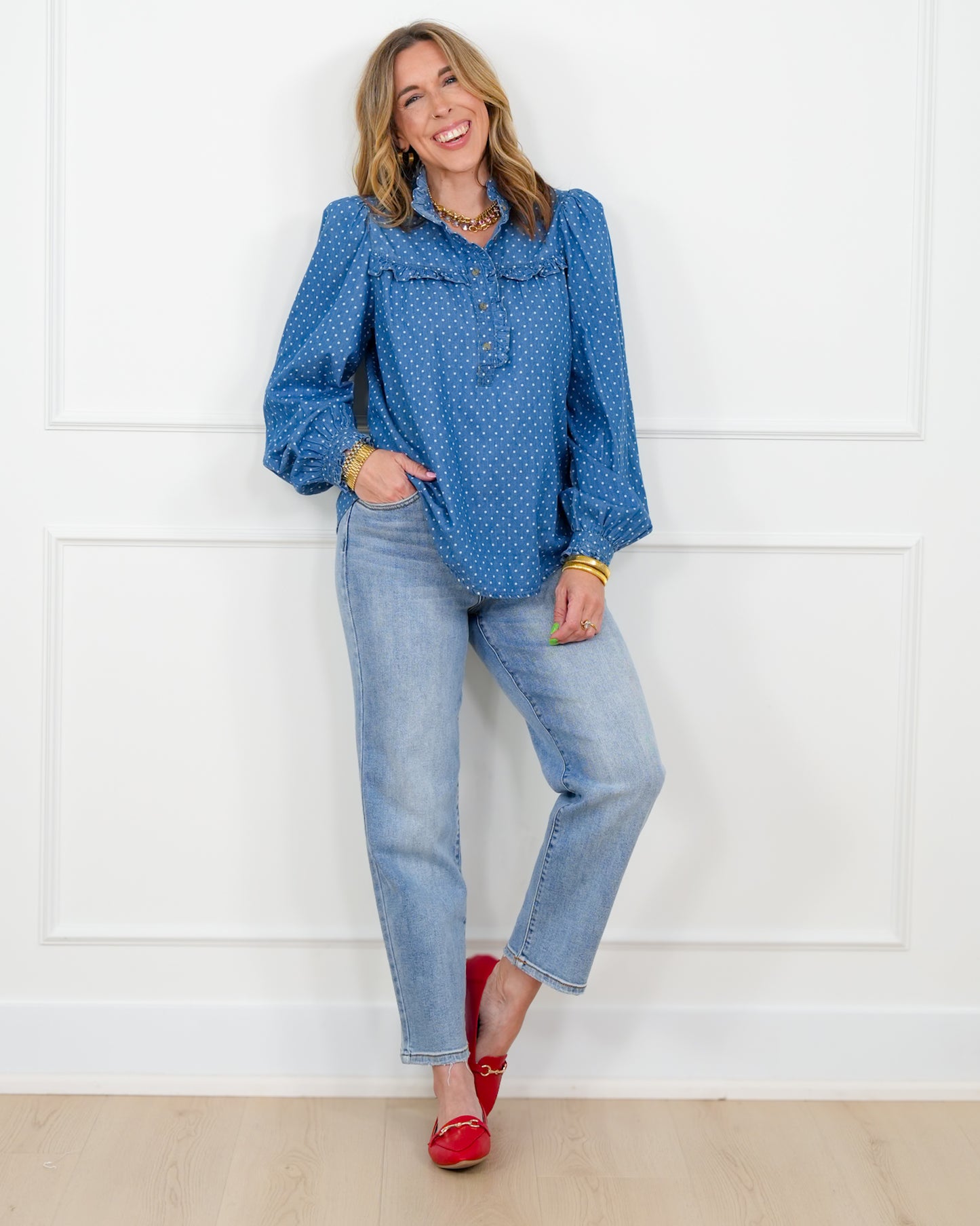 Polka Dot Dark Wash Long Sleeve Top