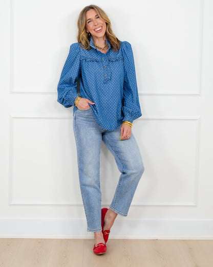 Polka Dot Dark Wash Long Sleeve Top