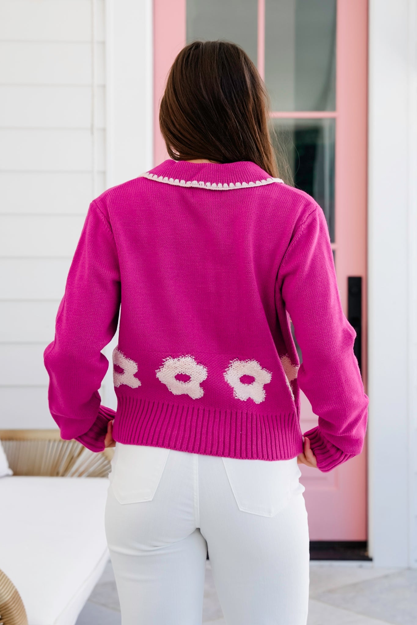 Knit Long Sleeve Button Down Cardigan with Floral Detail
