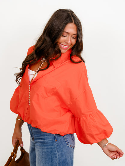Solid Knit Collared Button Down Long Bubble Sleeve Top