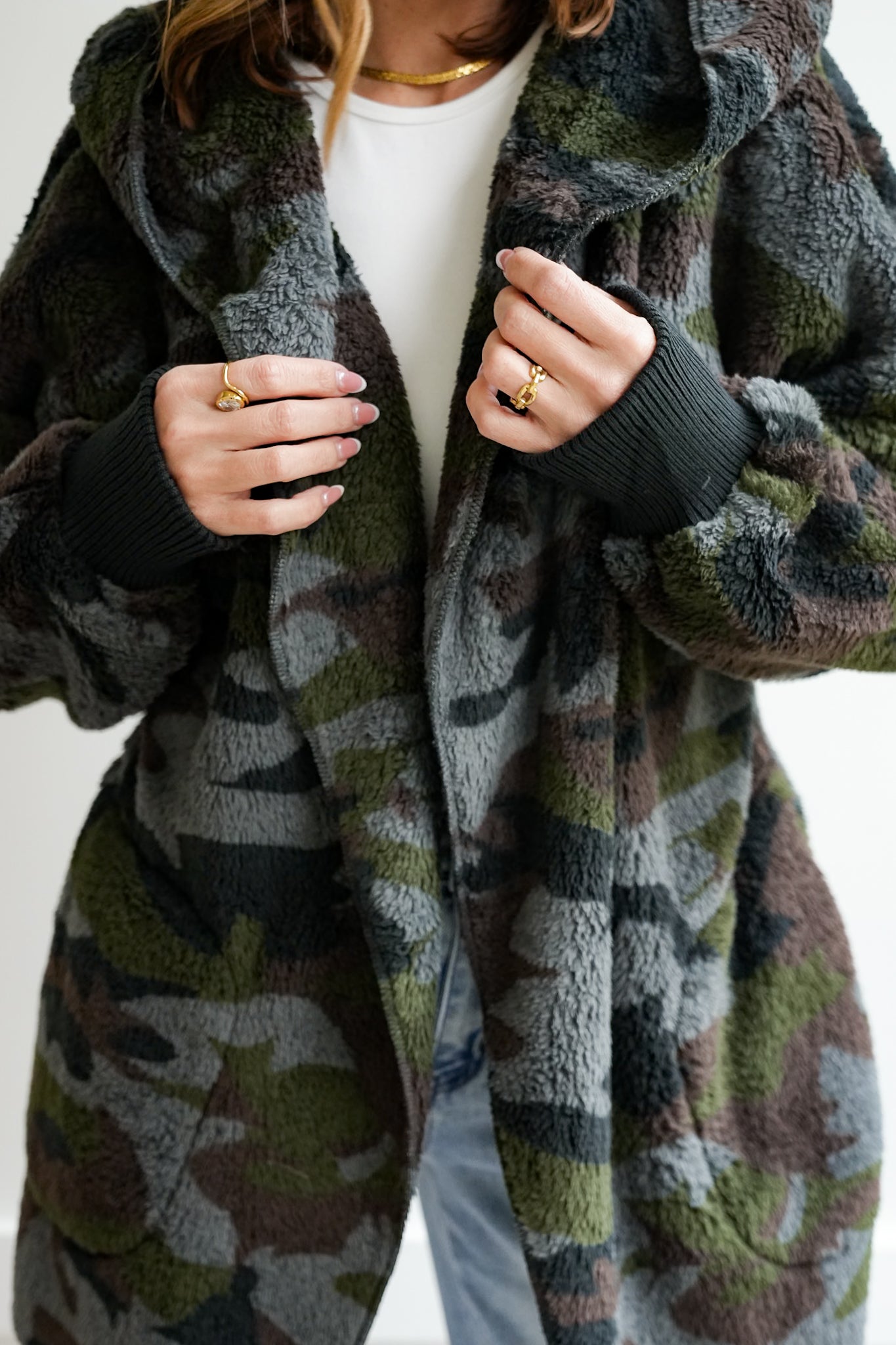 Camo Fur Long Sleeve Open Front Hooded Jacket