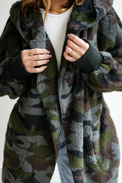 Camo Fur Long Sleeve Open Front Hooded Jacket