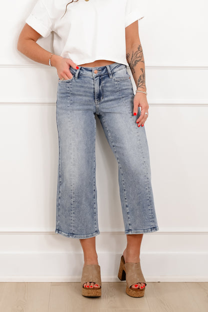 Judy Blue The Carolina Mid Rise Light Wash Crop Wide Leg Jeans with Center Seam